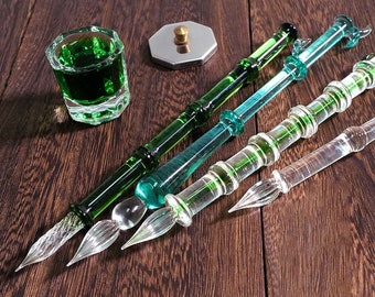 5 Style Bamboo Dip Glass Pen, Hold Ink Well, Green Transparent Glass Signature Pen,Gift For Writer