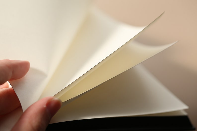 May include: A close-up of a blank, white notebook with pages turned open. The pages are smooth and have a slight sheen. The notebook is bound in black.