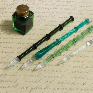 5 Style Bambus Dip Glasstift, Halten Tinte gut, Individuell gravierter Grüner Transparenter Glas Unterschriftenstift, Geschenk für Schriftsteller