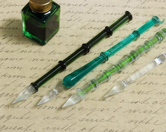 5 Style Bamboo Dip Glass Pen, Hold Ink Well, Custom engraved Green Transparent Glass Signature Pen,Gift For Writer