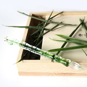 Bamboo Design Dip Glass Pen, Hold Ink Well, Green Glass Signature Pen