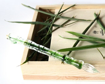 Bamboo Design Dip Glass Pen, Hold Ink Well, Green Glass Signature Pen