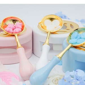 Fornello e cucchiaio Macroon per timbro sigillo di cera, fornello per fusione bianco blu rosa, strumento per ceralacca