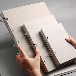 Cuaderno de bocetos de lino hecho a mano, 60 hojas, tela de libro de lino, diarios, cuaderno de bocetos con anillas de hojas sueltas, libro de bocetos de lino Beige