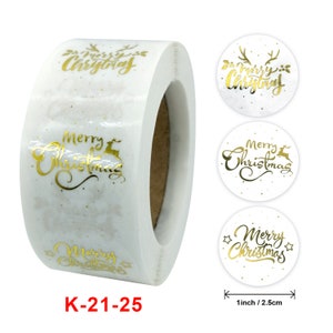 May include: Roll of white round stickers with gold foil lettering that says "Merry Christmas". The stickers are 1 inch in diameter.