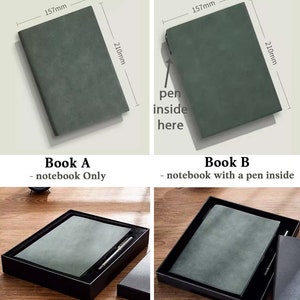 May include: Two options for a green notebook, one with a pen inside. The notebook measures 15.7 inches by 8.3 inches. The notebook is shown in a black gift box with a pen inside.