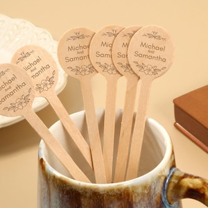 Personalized Name Wooden Drink Stirrers,Custom Engraved Drink Stirrer, Wood Coffee Stirrers, Glass Swizzle Stirrer, Floral Wedding Stirrer