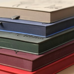 May include: A stack of five hardcover books with different colored covers. The top book is beige, the second is blue, the third is gray, the fourth is burgundy, and the bottom book is red.