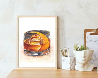 Bar Cart Art Print Old Fashioned Bourbon Cocktail 8x10
