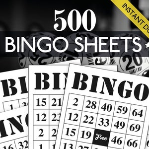 500 Unique Bingo Sheets | Printable  | PDF File | 8.5" x 11" ( 2 Sheets per Page - 250 Pages ) | With Call Sheet | Instant Download