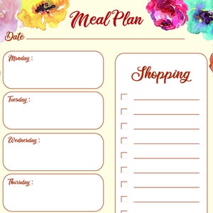 Wöchentliche Mahlzeit Planer druckbare mit Shopping-Checkliste | Floral Planer Einfügen | 6 Größen A4, A5, Brief, halber Buchstabe | PDF Instant Download