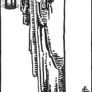 May include: Black and white illustration of The Hermit tarot card. The card depicts a figure in a long robe holding a staff and a lantern. The figure is walking through a mountainous landscape. The card number IX is in the top right corner. The text "THE HERMIT." is at the bottom of the card.