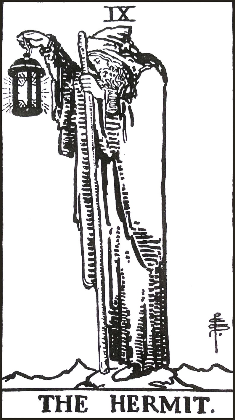May include: Black and white illustration of The Hermit tarot card. The card depicts a figure in a long robe holding a staff and a lantern. The figure is walking through a mountainous landscape. The card number IX is in the top right corner. The text "THE HERMIT." is at the bottom of the card.