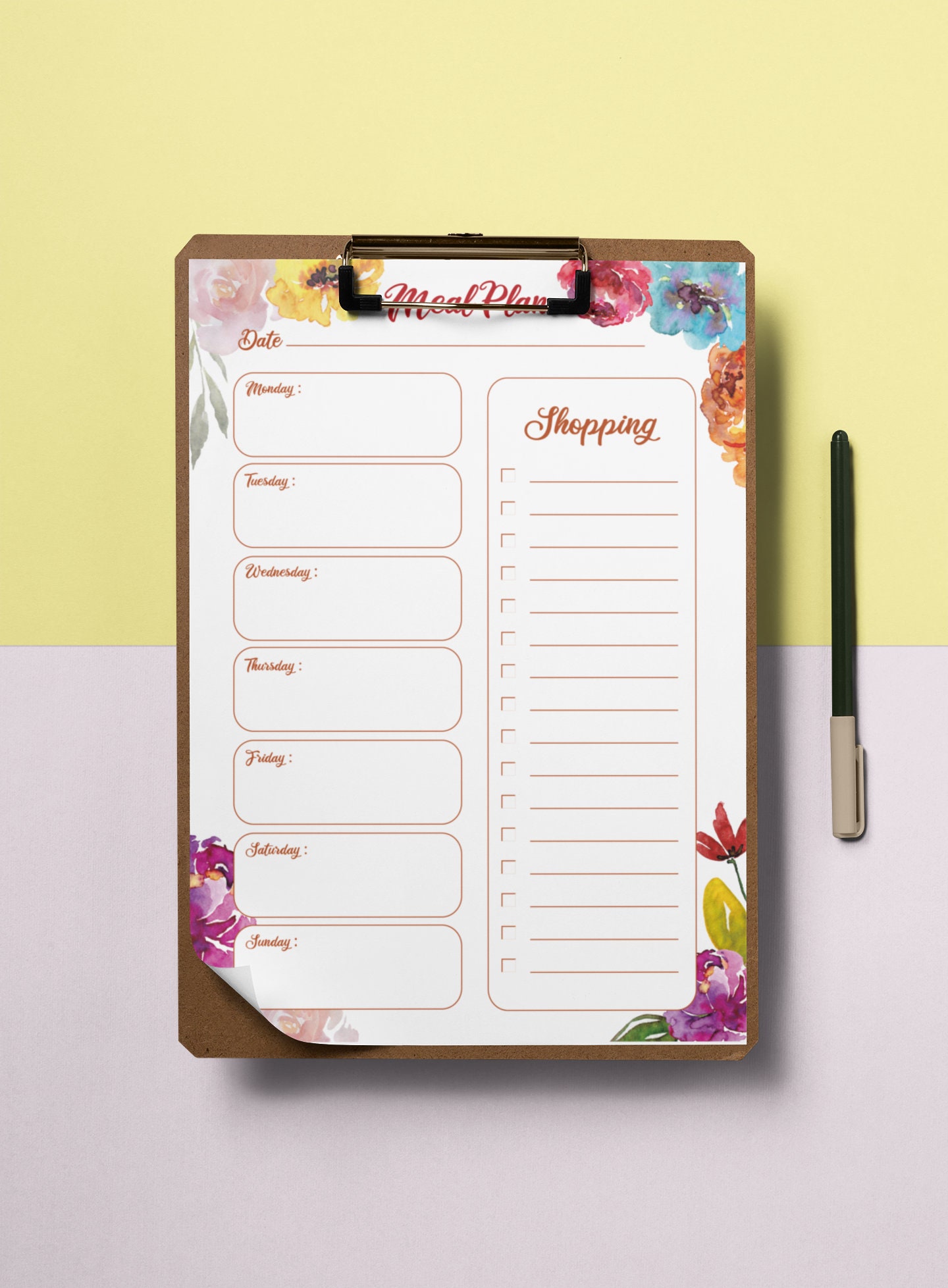 Weekly Meal Planner Printable With Shopping Checklist | Floral Planner ...