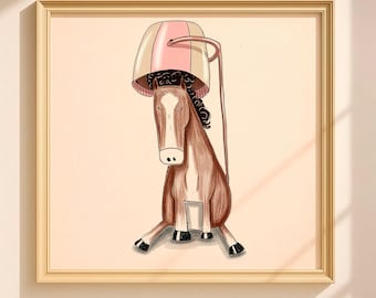 Horse at the Hairdresser Wall Art Print, Whimsical Animal Illustration, Playful Pet Decor Artwork