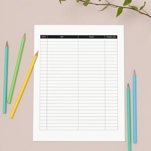 Gift Log Printable Sheet | High Resolution JPG File 8.5&quot; x 11&quot; | Instant Download