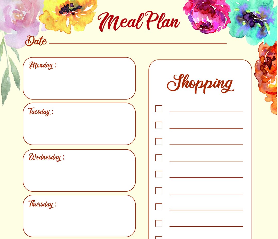 Floral Weekly Meal Planner Printable | Shopping Checklist (PDF Instant ...
