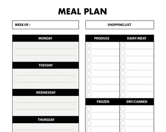 Weekly Meal Planner Printable with Shopping Checklist | Planner Insert | 6 Sizes A4, A5, Letter, Half Letter | PDF Instant Download