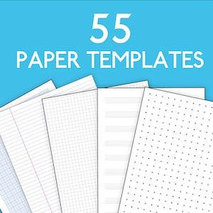 Puede incluir: Cinco plantillas de papel diferentes, que incluyen papel cuadriculado, papel rayado, papel musical y papel de cuadrícula de puntos. El papel es blanco y las líneas son negras. El texto "55 PLANTILLAS DE PAPEL" está en la parte superior de la imagen.