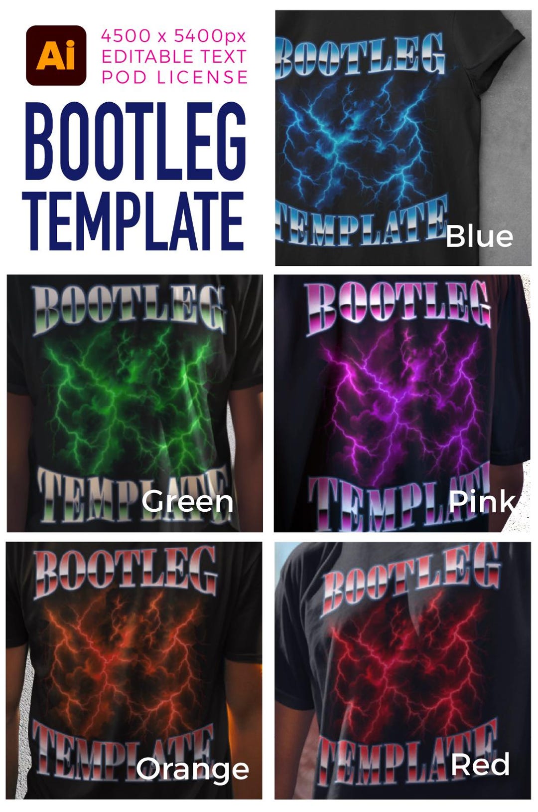 Retro Bootleg T-shirt Template: Lightning, Editable Chrome Text (POD ...