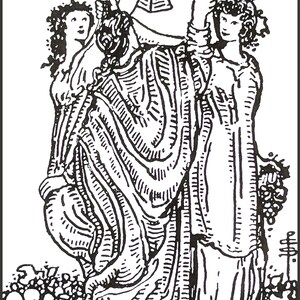 May include: Three figures in a black and white illustration, each holding a chalice, with the Roman numeral III at the top of the image.