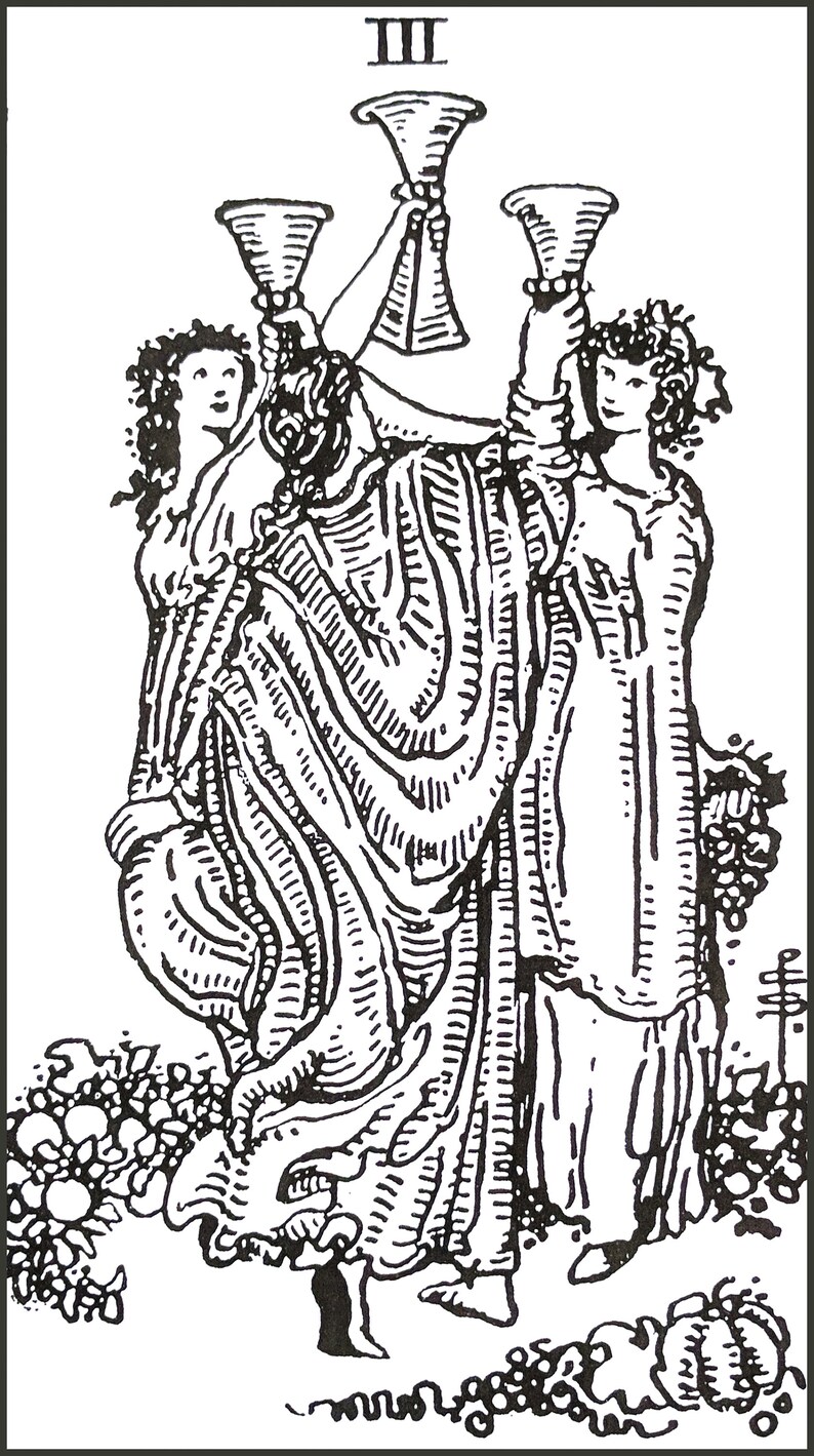 May include: Three figures in a black and white illustration, each holding a chalice, with the Roman numeral III at the top of the image.