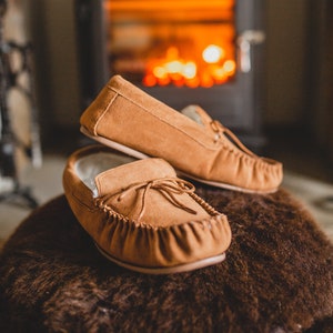 Mens Sheepskin Moccasin Slippers - Rubber Non Slip Sole - Suede Leather with Sheepskin Wool Lining - Gents Nordvek 422-100