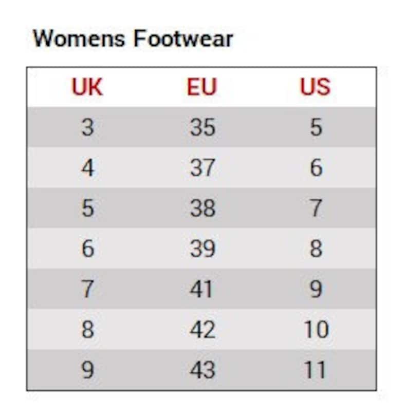 Pu&ograve; includere: Una tabella che mostra le taglie di scarpe per donna in taglie UK, EU e US. La tabella mostra le taglie 3-9 UK, 35-43 EU e 5-11 US.