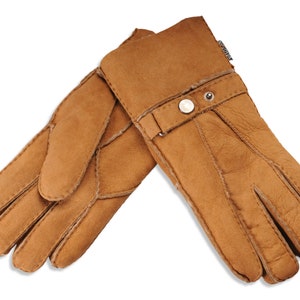 Mens Sheepskin Gloves Traditional Classic Mens Winter Gloves Nordvek 307-100 Suede Leather Gloves Buckle Strap Light Brown