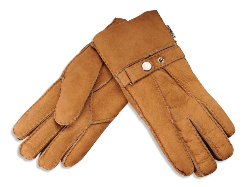 Mens Sheepskin Gloves Traditional Classic Mens Winter Gloves Nordvek 307-100 Suede Leather Gloves Buckle Strap Light Brown