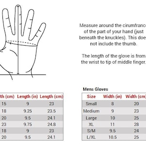 May include: A chart showing glove sizing in inches and centimeters. The chart includes measurements for both women's and men's gloves. The chart is divided into two sections, one for women's gloves and one for men's gloves. Each section includes a table with columns for size, width in inches, width in centimeters, length in inches, and length in centimeters.