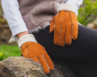 Womens Gloves Sheepskin - Traditional Sheepskin Winter Gloves - Classic Ladies Gloves - Nordvek 301-100 - Suede Leather Gloves
