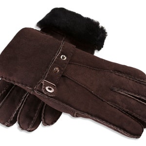 Mens Sheepskin Gloves Traditional Classic Mens Winter Gloves Nordvek 307-100 Suede Leather Gloves Buckle Strap Chocolate