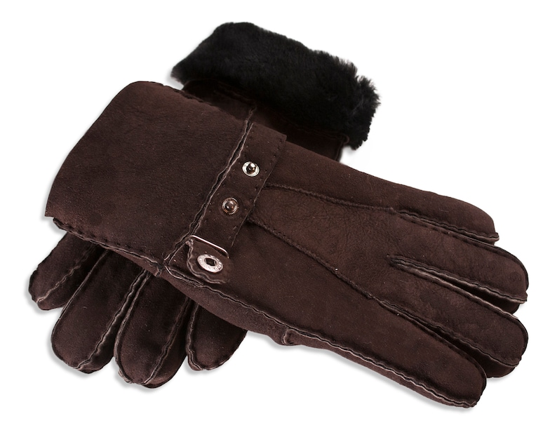 Mens Sheepskin Gloves Traditional Classic Mens Winter Gloves Nordvek 307-100 Suede Leather Gloves Buckle Strap Chocolate