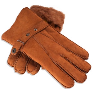Mens Sheepskin Gloves Traditional Classic Mens Winter Gloves Nordvek 307-100 Suede Leather Gloves Buckle Strap Chestnut