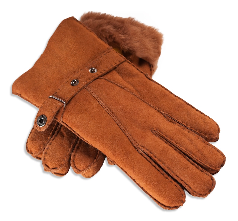 Mens Sheepskin Gloves Traditional Classic Mens Winter Gloves Nordvek 307-100 Suede Leather Gloves Buckle Strap Chestnut
