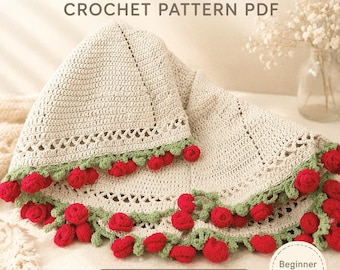 May include: A cream-colored crochet blanket with a rose bouquet design. The blanket features a green border with red rose accents. The text "ROSE BOUQUET BLANKET CROCHET PATTERN PDF" is at the top, with "INSTANT DOWNLOAD" at the bottom.