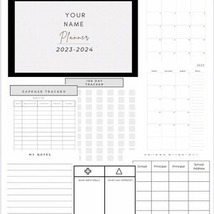 May include: A black and white printable planner with sections for expense tracking, a 100-day tracker, a calendar, and notes. The planner has the title "Your Name Planner 2023-2024".