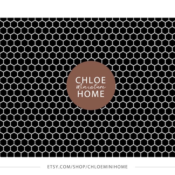 Dollhouse Flooring 1/12 Tile Hex Mosaic Black Miniature Diorama Roombox Printable Download 8.5 x 11" and 11 x 17" and A4 and A3 Sheets