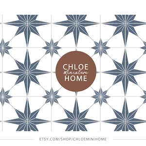 Miniature Wallpaper, Dollhouse Wallpaper 1:12 Scale, Tile Flooring White Blue Stars Printable Download 8.5 x 11", 11 x 17" and A4, A3 Sheets