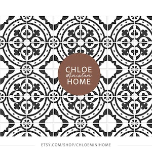 Black White Tile, 1:12 Scale Dollhouse Wallpaper Farmhouse, Miniature Wallpaper Printable Download 8.5 x 11" and 11 x 17" & A4 and A3 Sheets