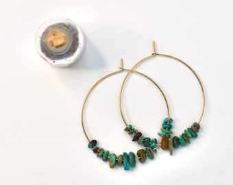 Raw Turquoise Beaded Hoop Earrings, Gemstone Jewelry