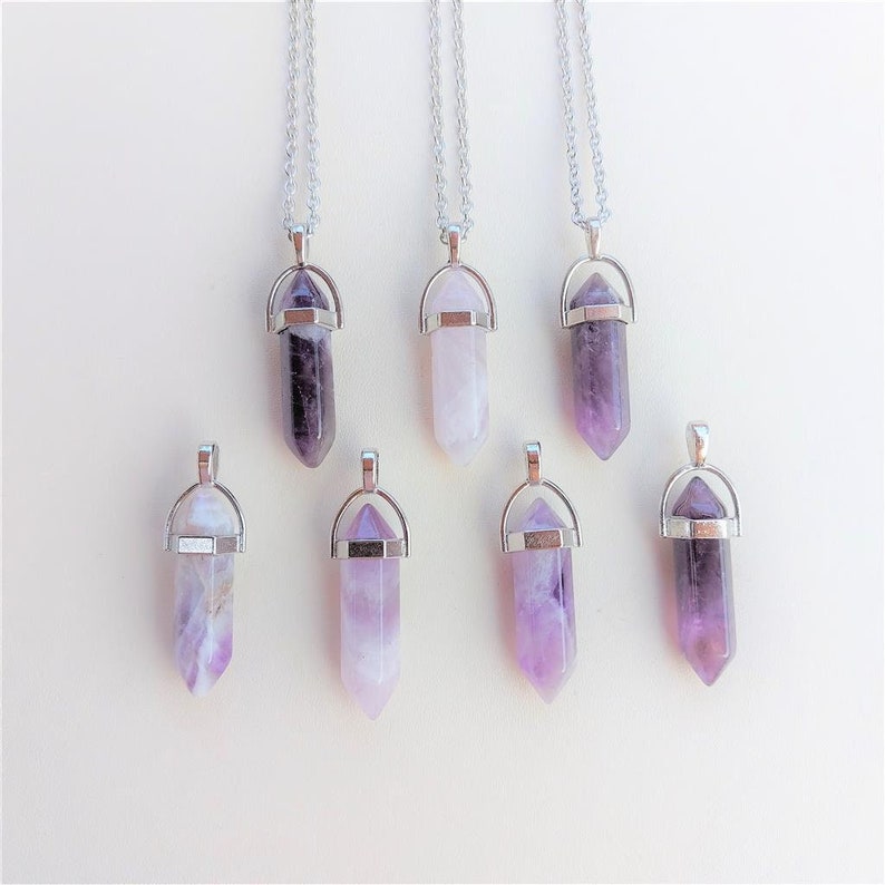 Amethyst necklace, healing crystal, tranquilizer, stress, emotional balance, calming, protective 