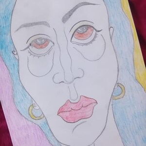 May include: A pencil drawing of a woman's face with blue hair and red eyes. The woman has large lips and is wearing gold hoop earrings. The background is a mix of pink and yellow.