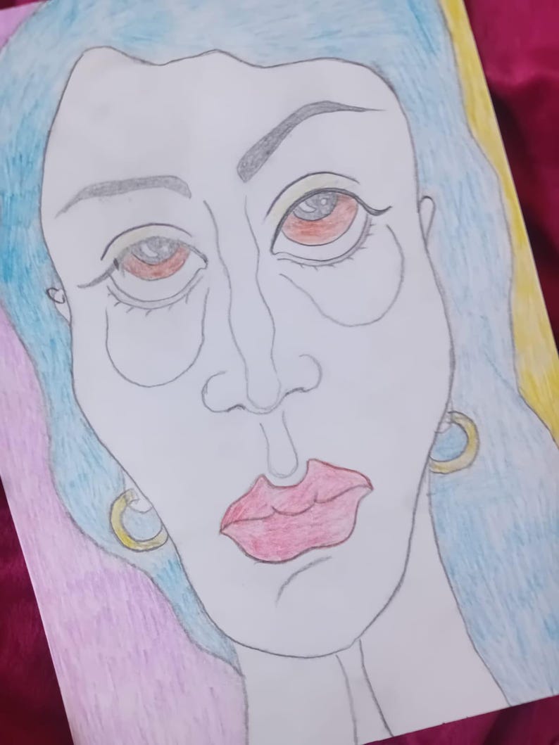 May include: A pencil drawing of a woman's face with blue hair and red eyes. The woman has large lips and is wearing gold hoop earrings. The background is a mix of pink and yellow.