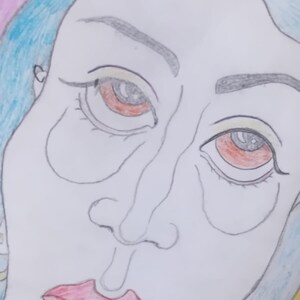 May include: A hand-drawn portrait of a person's face, rendered in colored pencil. The face is pale with red eyes, a pink mouth, and blue hair. The drawing style is somewhat stylized, with exaggerated features.