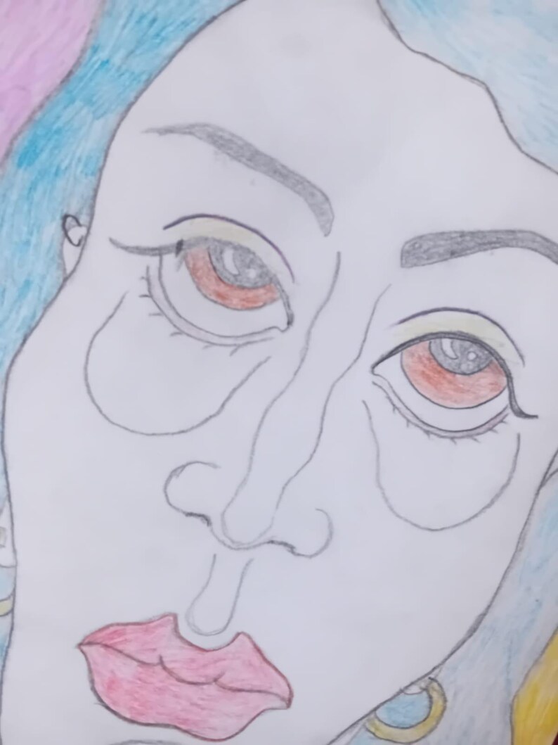 May include: A hand-drawn portrait of a person's face, rendered in colored pencil. The face is pale with red eyes, a pink mouth, and blue hair. The drawing style is somewhat stylized, with exaggerated features.
