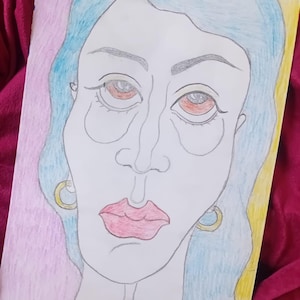 May include: A colored pencil drawing of a woman's face. The woman has blue hair, red lips, and gold hoop earrings. The background is pink and yellow.
