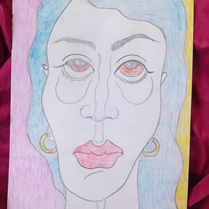 May include: A pencil drawing of a face with blue hair, red eyes, and pink lips. The drawing has gold hoop earrings and is set against a pink and yellow background. The style is reminiscent of a portrait.