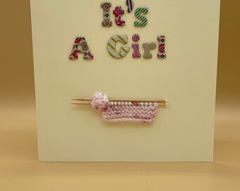 Baby greeting card - Its a girl (pink knitting)